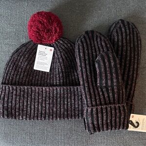 Burgundy and Gray Knit Beanie and Mittens set